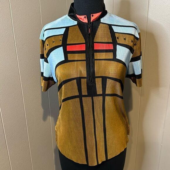 Jamie Sadock silky pleated geometric color block black concave studs 1/4 zip top - Picture 1 of 7